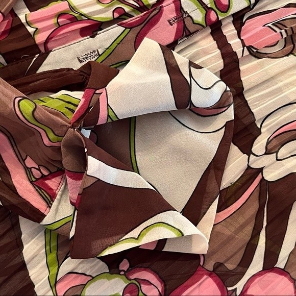 KLD Signature Floral Print Button Up Pleated Blouse Long Sleeve Brown Sz S/M - Picture 5 of 7